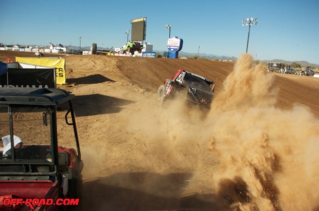 The action on track got pretty hairy on the track, as here Robbie Pierce catches some dirt just off the track.