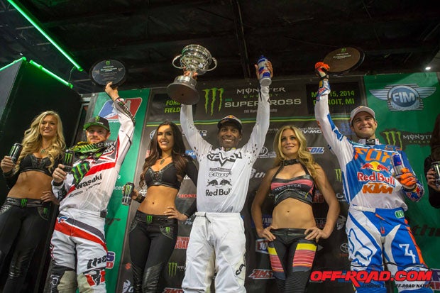 James Stewart (center) earned his third win of the season. Ryan Villopoto (left) finished in second, while Ryan Dungey (right) finished in third. 