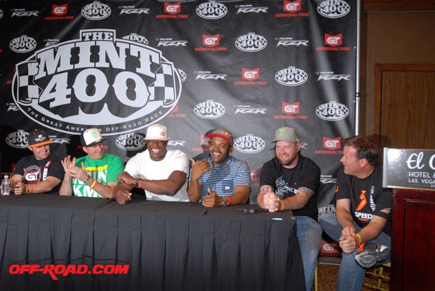 The 2014 General Tire Mint 400, Presented by Polaris, hosted a press conference today. Here, the group shares a laugh talking about the upcoming race. From left to right: Justin Lofton, Cameron Steele, DeMarcus Ware, Sal Masekela, BJ Baldwin and Robby Gordon. 