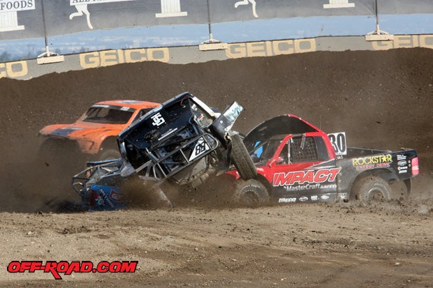 An ugly pileup in Pro 2 caught four racers in turn two. 