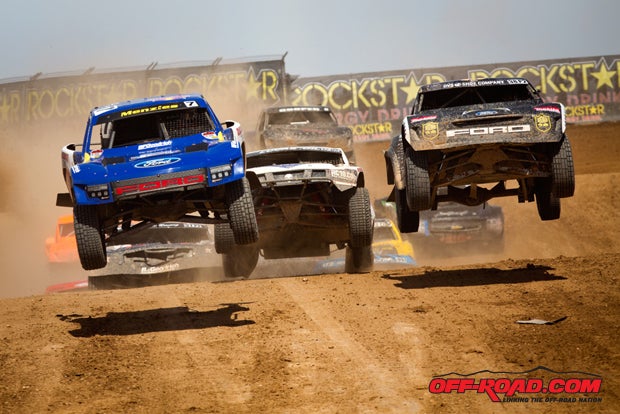 Bryce Menzies (7) and Brian Deegan (38) battle off the line in the Pro 2 race at round two.