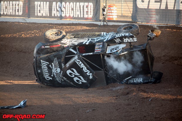 Carnage was to be expected at this all-out race, and Josh Merrell found himself out of the race after this crash. 