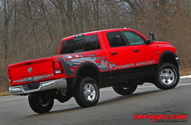 Four-wheel disc breaks with dual-piston calipers provide stopping power for the Power Wagon, with 14.17-inch front rotors and 14.09-inch rotors for the rear.