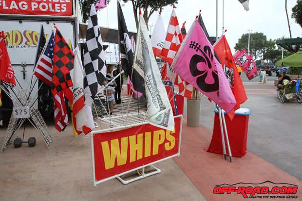 There are a wide variety of personalized dune flags, as we witnessed at this year's Sand Sports Super Show. 