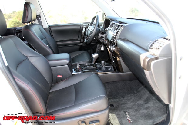 The interior of the TRD Pro is similar to other 4Runners in overall layout, though it does feature unique fabric with red stitching, a leather-wrapped TRD Pro shift knob and TRD Pro floor mats. 