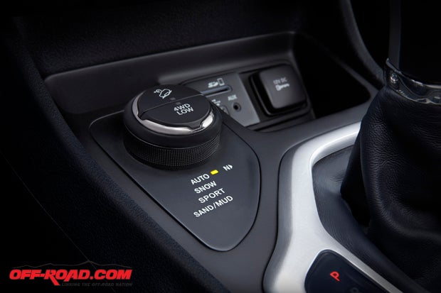 The Selec-Terrain feature is controlled via a dial on the center console. The Trailhawk also features "Rock" mode, which is not shown here. 