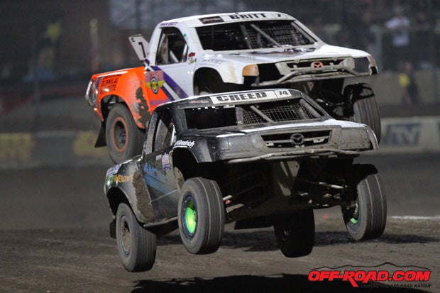 Sheldon Creed leads Drew Britt in Super Lite at Round 9 of the Lucas Oil Off-Road Racing Series.