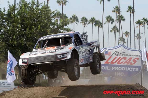 Robby Woods and Travis Coyne (shown) put on a demonstration of what the trucks in the Lucas Oil Off-Road Racing Series can do. 