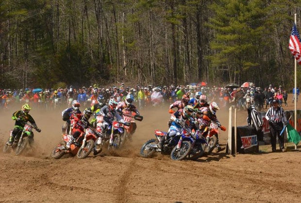Racers fire off the line at the Steele Creek GNCC race.