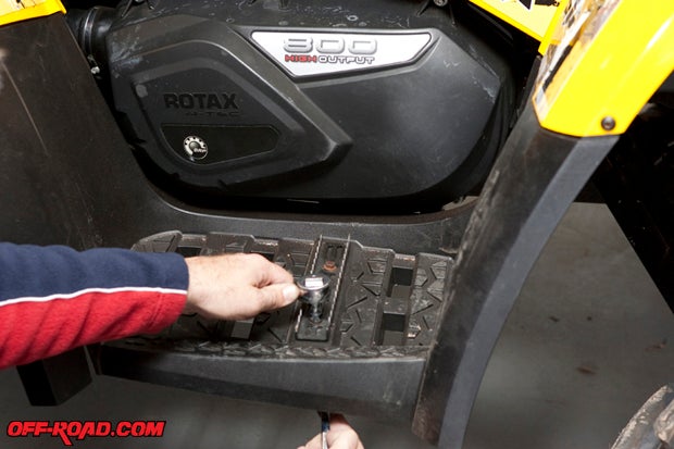 Then you will need to remove the nut and bolt combos from the fenders that hold the floorboards in on your machine. Our Can-Am has Torx head bolts so this is where that specific tool comes into play.