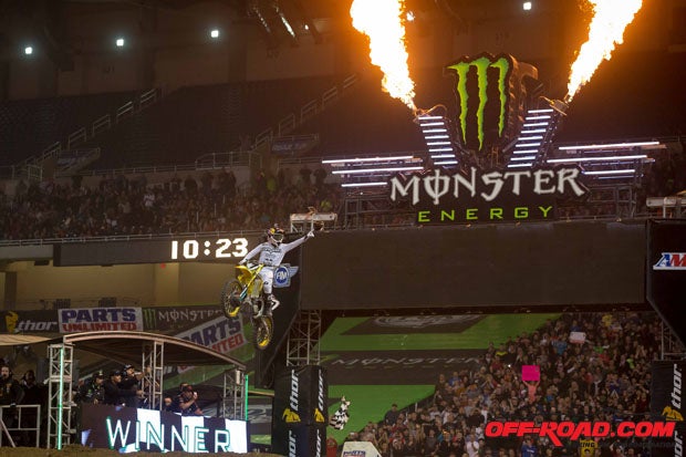 James Stewart tied the great Ricky Carmicheal in Supercross wins with his victory in Detroit. 