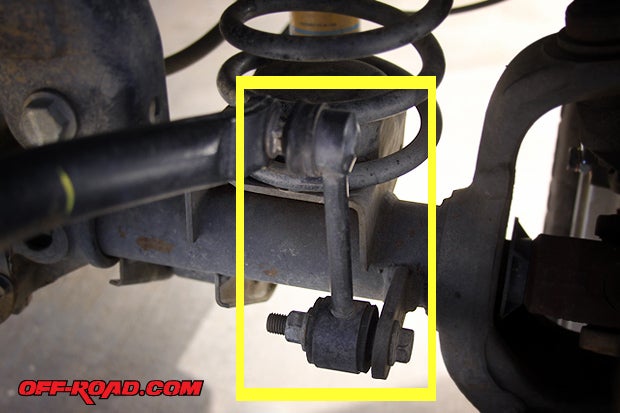 This photo shows one end of a stock sway bar connection on a Jeep Wrangler JK. Photo: Jaime Hernandez