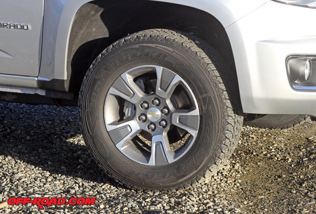The Colorado features the lone 17-inch wheels of the group, and its Goodyear Wrangler tires are great on the highway and still provide enough traction for moderate off-roading. 