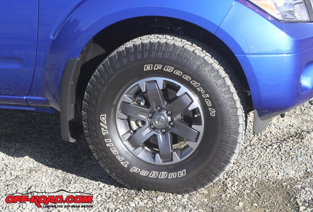 The Frontier 16-inch alloy wheels equipped with Rugged Trail T/A tires are offer a good blend of quiet on-road operation and decent off-road traction. 