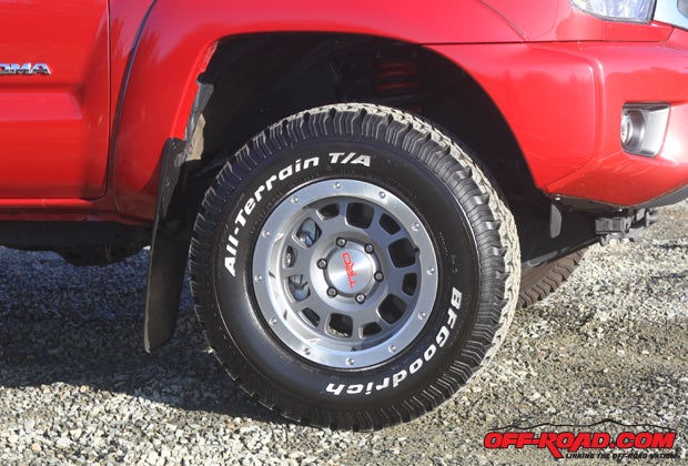The Tacoma features 16-inch TRD bead-lock style wheels that are fitted with the most aggressive tires of the group in the BFGoodrich T/A KO all-terrains.