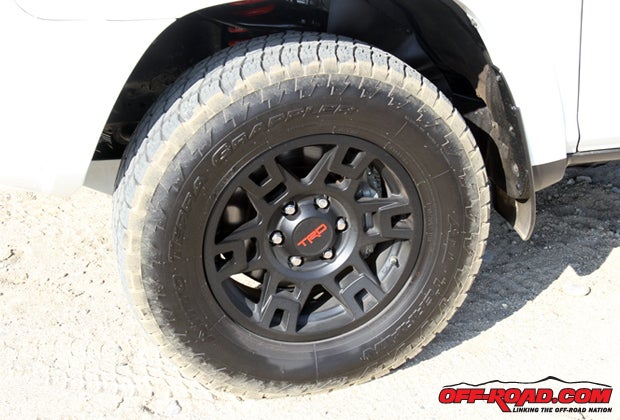 The 4Runner TRD Pro features black 17-inch TRD wheels fitted with 31.5-inch all-terrain Nitto tires.
