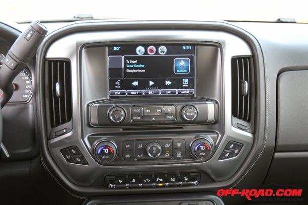 The 8-inch touchscreen on our Silverado was equipped with a rear backup camera and Chevys MyLink Audio System.