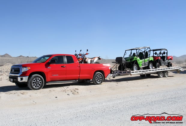 Two dual-sport dirt bikes and a flat-bed trailer with two side-by-sides were pulled with relative ease from near the coast in Orange County, California, out the 3.5-hour drive to Johnson Valley. In spite of the tough climb up the Cajon Pass on the 15, the Tundra never showed any signs of struggle in motor or handling. 