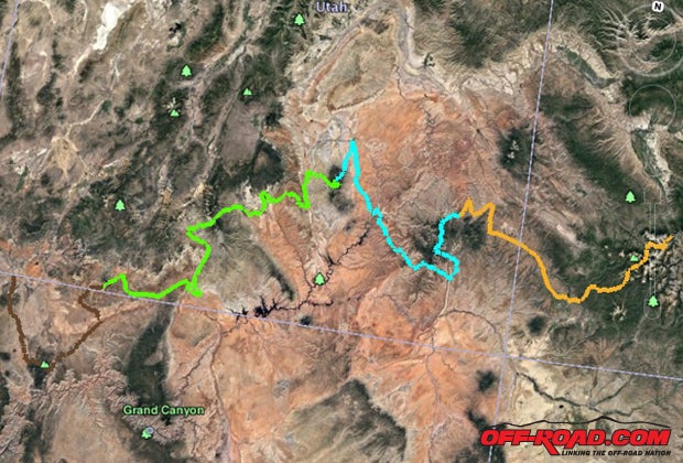 This overview of our path shows the 800-plus miles we covered during our trip, color-coded with each day's route from Colorado to Utah to Arizona... and back into Utah. 