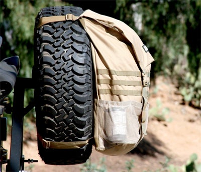 The Trasharoo fits snugly around the spare tire to stay secure on the trail. 