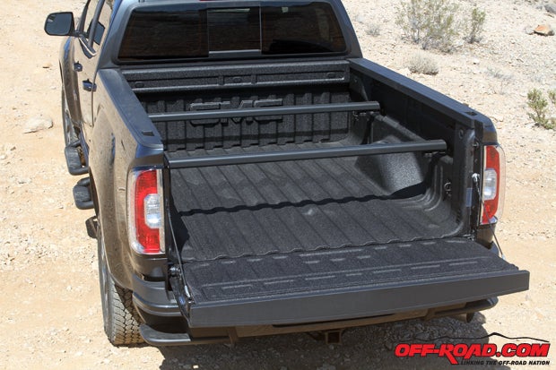Our Canyon featured a spray-in bedliner and cross rails for tiered storage. 