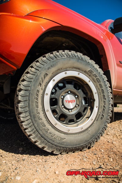 The beadlock-style wheel is unique to the Tacoma TRD Pro, as are the BFGoodrich A/T KO tires.