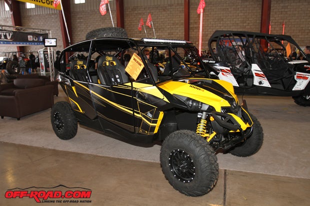 This 2014 Can-Am Maverick Max was built by Berts UTV and called the Wolverine  which features a custom back roll cage, custom heavy-duty aluminum roof and suicide slam-latch doors. A 40-inch BMM Racing LED light bar provides trail lighting, while Method Race Wheels fitted with ITP Ultracross tires provide traction.
