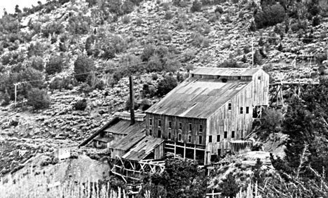 The DeLaMar 40 stamp mill at Gold Mountain could process 130 tons of ore in 24 hours. It was built after the Lucky Baldwin mill unexpectantly burned to the ground in 1878. The DeLaMar mil ceased operation in 1903 (Photo Courtesy of Big Bear History Site).