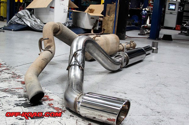 The MagnaFlow system for our 5.9l Cummins featured 5-inch mandrel-bent stainless-steel tubing, a MagnaFlow muffler and 6-inch double walled tip. A big difference when compared side-by-side to the factory 4-inch steel pipe exhaust.