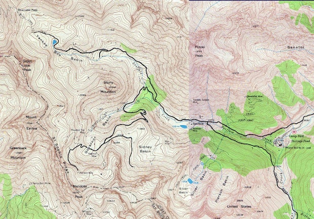 You'll note Silver Basin in relation to Sidney and Governor Basins (crossover trails noted). This area produced staggering amounts of gold and silver. Do yourself the favor of learning (and visiting) that history - it built America.