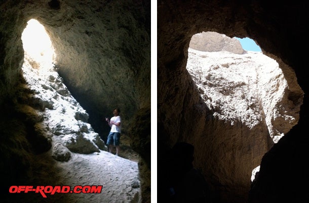 Inside one of the mud caves in Anza-Borrego we found a skylight (left) and later a 50-foot dry waterfall (right). Everything up until those points was pitch black. Flashlights are a must for caving.