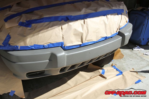 Although we do plan to replace the front bumper in the future with an off-road-style piece that has recovery points, for now a matching paintjob will help give the WJ a cleaner look. We also wanted to see how well the paint would take on the bumper for those who dont plan to replace the bumper. 