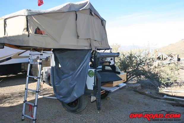 Extending over the ladder is an included awning to keep dew and rain off the ladder, but there’s no floor in the awning. The optional annex connects to the tent’s platform with the same heavy-duty zipper that holds the cover down during travels.