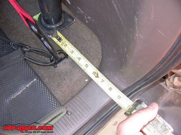 This wound up being the most important measurement for aligning the rollbar. The rear feet were level and straight in relation to each other and the top tube, so their even spacing from the trailing edge of the trucks floor kept the whole rollbar straight.