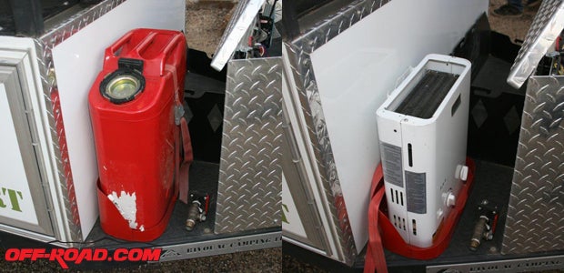 Also behind the toolbox—on the passenger side—is what appears to be a 5-gallon Jerry gas can (left); however, the can is bottomless and hides the water heater (right). Next to the water heater is the quick connect for the shower wand.