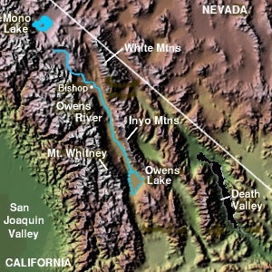The White Mountains of California face the Sierra Nevada across the upper Owens Valley. They extend north to south 60 miles. The narrow northern end is at Montgomery Pass, where U.S. Route 6 crosses into Nevada. The range borders Nevada at Boundary Peak 13,147 feet, making it the Silver States highest point (Image Wikimedia).