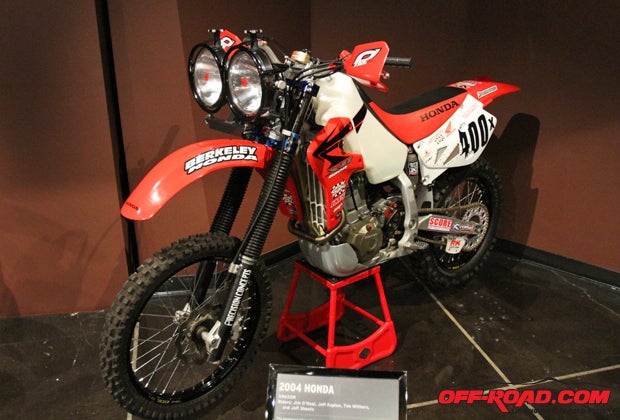 This 2004 Honda XR650R is the winningest bike in Baja history, earning nine straight class win and finishing in the top five overall of every race in which it competed. It was ridden by Jim ONeal, Jeff Kaplan, Tim Withers and Jeff Sheets. Its best finish was third overall at the 2006 Baja 1000. 