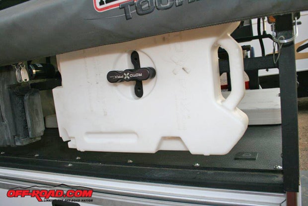 Above the galley are two Roto-Pack lock mounts ($44.95 each). This one holds a 2-gallon water container.