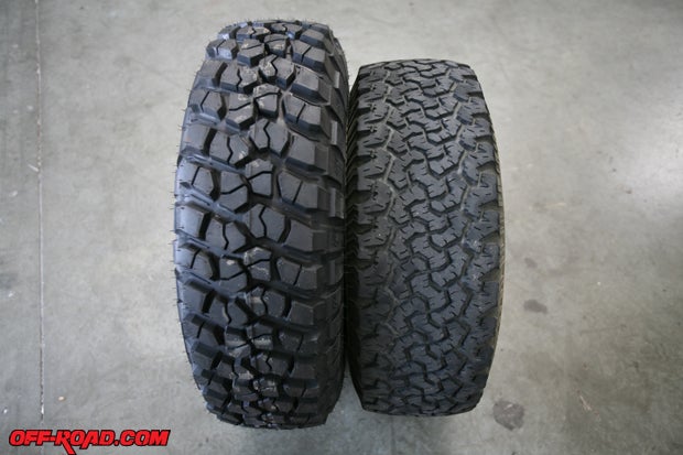 The new BFGoodrich KM2 tires (left) feature a more aggressive tread design than the AT KO tires previously on the TJ. They are certainly more aggressive for the trails, but they still drive just fine on the street. 