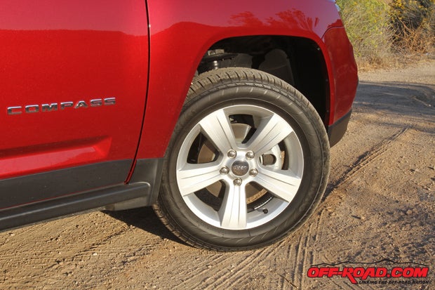 Our Compass featured 17-inch aluminum wheels, and although it is a full-time 4WD unit our tires are geared toward road use. Upgrading to the Freedom Drive II package will provide upgrade off-road features that include more aggressive all-terrain tires. 