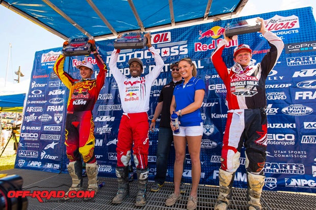 James Stewart (center) earned the win, while Ken Roczen (left) finished in second place to maintain his hold on the championship point lead. Trey Canard (right) earned the final podium spot at High Point. 