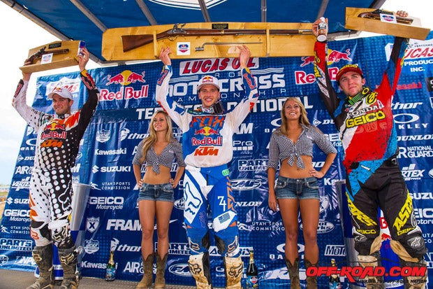 Ken Roczen (middle) earned the win at Muddy Creek, teammate Ryan Dungey (left) earned second, while third place went to Eli Tomac (right). 