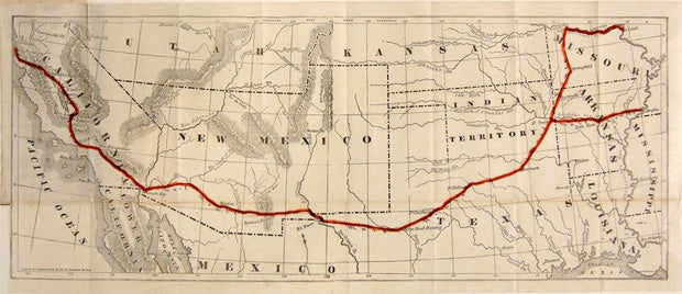 This 19TH century map shows a highlighted route of the Butterfield Overland Mail Route that stretched west of the Mississippi, from St. Louis to San Francisco. The 2,795-mile overland stagecoach ride would take almost 600 hours to travel (including stops and rest time for the ponies, of course).