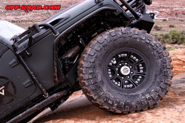 Keeping traction on the ground are 39-inch BFG Krawler Tires mounted on  17-inch Hutchinson Rock Monster Bead-Lock Rims. To make room for this big-wheel-and-tire combo, VWerks developed a 4-inch Lift Kit that includes Super HD Front and Rear Coil Springs with tuned Fox Shox. A little extra space was added between the frame and body with a Jack-It 1-inch body spacer.