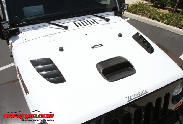 Road Race Motorsports vented hood pulls in cool air with the hood scoop and allows warm air to vent through its “shark gill” side vents.