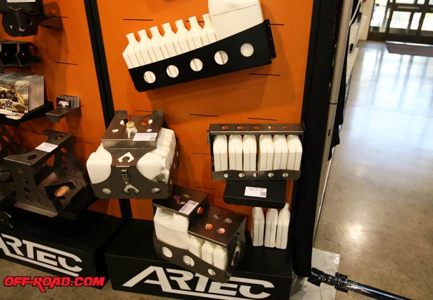 Artec Industries from Arizona had these thoughtful and useful fluid containers for Jeeps and trucks.