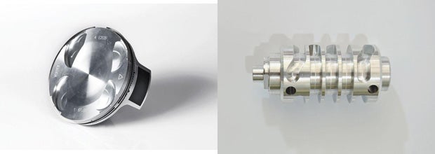 A new shift drum is found on the four-strokes for 2014 (right), while the 350 RR specifically gets a new piston with an updated profile.