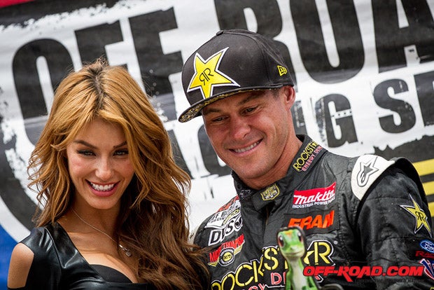 Brian Deegan in a familiar position on the podium, surrounded by beautiful trophy girls after winning both Pro 2 and Pro Lite at Round 7. 