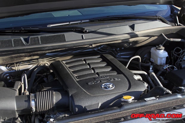 The 5.7-liter i-FORCE V8 engine in the Tundra is mated to a six-speed automatic transmission.