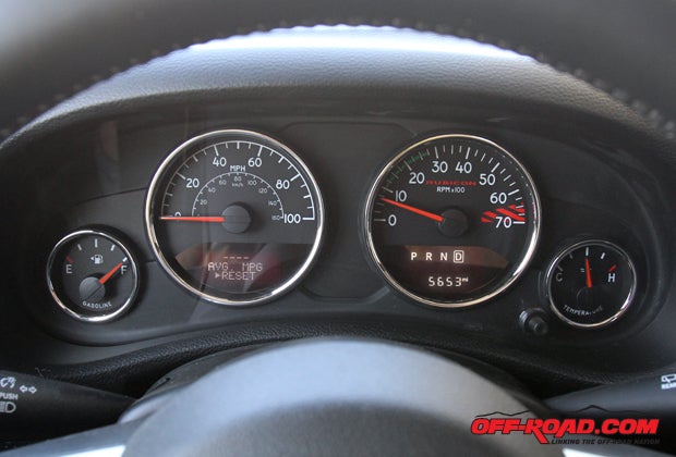 The instrumentation panel on the Wrangler doesn’t have a ton of frills, but the speedometer does include modern functions such as average fuel economy and trip meeter that can be cycled via the buttons on the steering wheel. 
